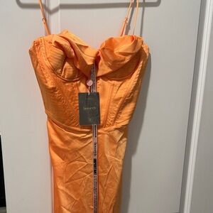 House of CB Orange Strapless Midi Dress